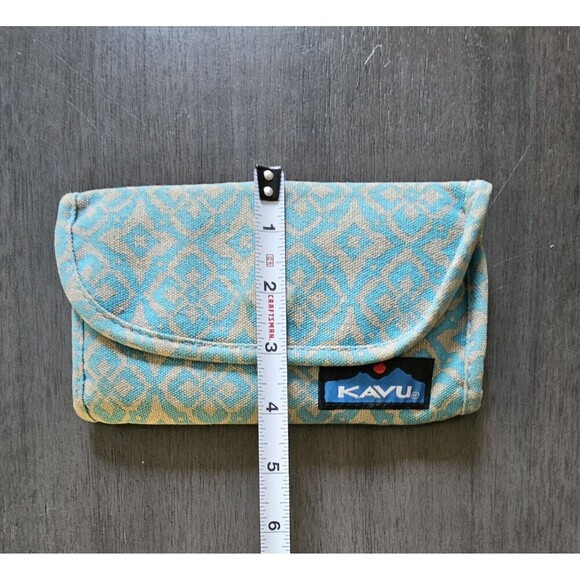 KAVU Big Spender Canvas Trifold Wallet Teal Tan Geometric Floral Print - Picture 3 of 5